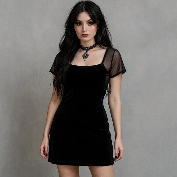 Y2K NoBo Velvet Mini Dress Size L Black Sheer Short Sleeve Whimsigoth Square Nec - Picture 1 of 15